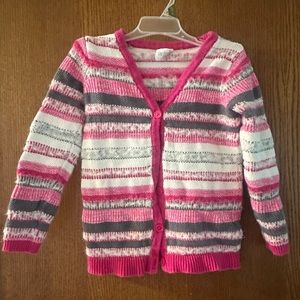 Gymboree Knit Striped Cardigan with Fuzzy Detail in Pink Gray White Size S (5-6)